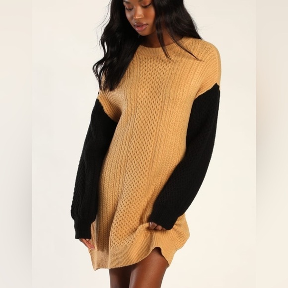 Lulus Falling for Fall Beige and Black Color Block Sweater Dress M Cable Knit - Picture 1 of 10